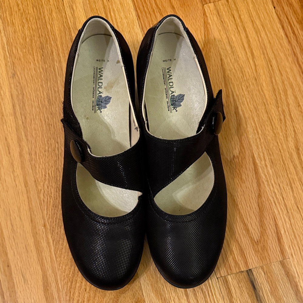 Waldläufer Women's Black Leather Velcro Button Closure Wedge Mary Jane Shoes